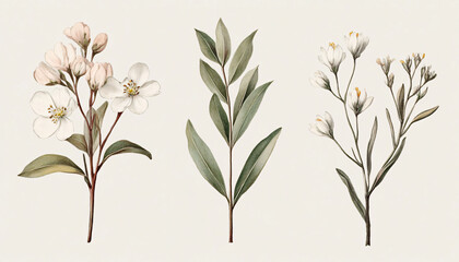 Fototapeta premium Hand-drawn vintage illustrations of different plant species, paired with soft, muted colors for a calming and artistic vibe