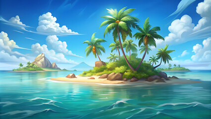 Naklejka premium Tropical island with palm trees and clear blue waters under a bright sky 