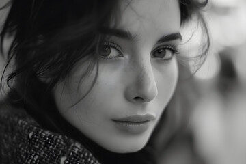 Fototapeta premium black and white portrait of woman in winter clothing 