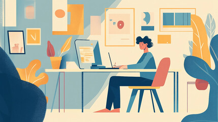 Overwhelmed Employee Fantasizing About Artistic Endeavors in a Simple Studio Illustrated in Bright Colors
