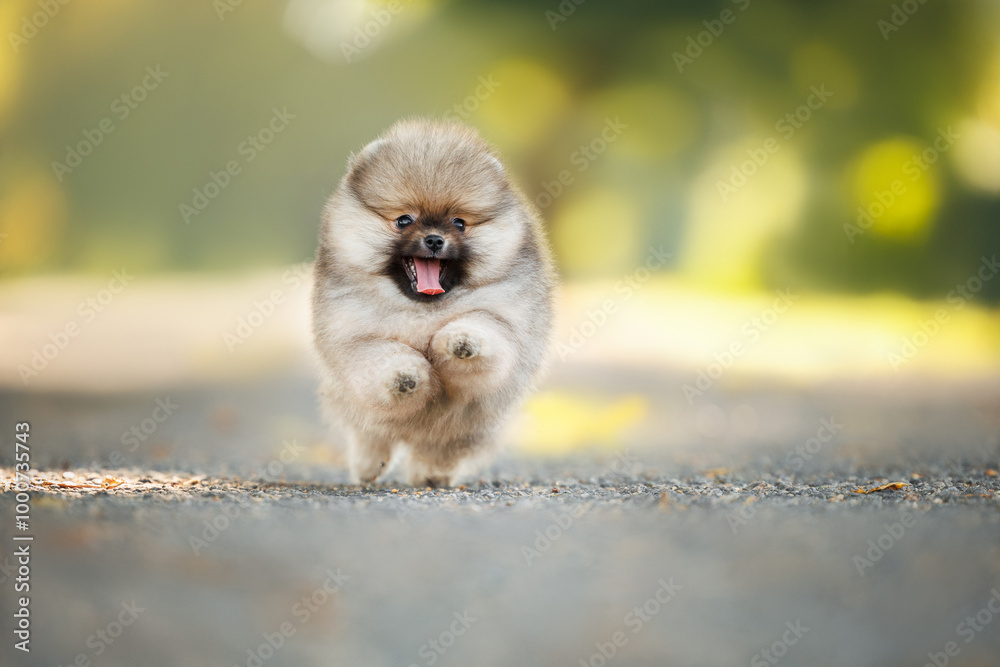 Poster happy pomeranian spitz puppy running outdoors