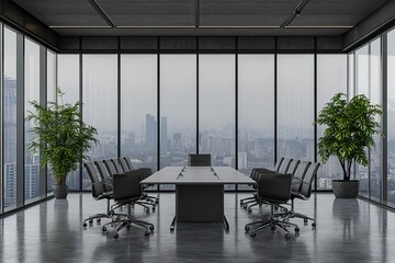 Fototapeta premium Modern conference room with empty table, chairs, and a plant, against cityscape background, concept of business meeting space. 3D Rendering generative ai