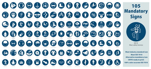 Set Illustration of Mandatory Safety Signs meet ISO 7010 Standards. Contain standards plus alternative icons, CMYK mode ready for printing. Estimated size 55 x 25 inches. Vector version available.