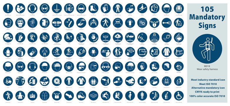 Set Illustration of Mandatory Safety Signs meet ISO 7010 Standards. Contain standards plus alternative icons, CMYK mode ready for printing. Estimated size 55 x 25 inches. Vector version available.