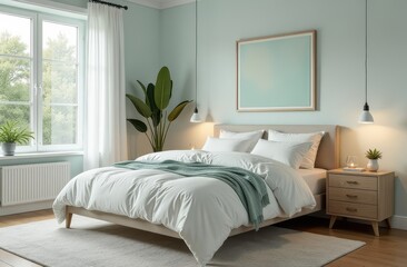 A cozy bedroom with mint color walls and a comfy bed with white sheets. Scandinavian style