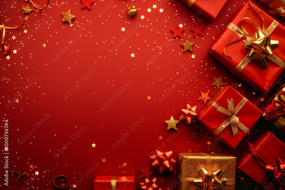Wall mural christmas background card with red gifts and copyspace copy space created with generative ai