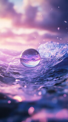 a mesmerizing shot of a water drop hovering above a foamy surface, with delicate bubbles and blurred light spots in the background