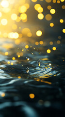 a mesmerizing shot of a water drop hovering above a foamy surface, with delicate bubbles and blurred light spots in the background