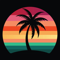 Retro Sunset Palm Tree Vector Design. A retro vintage sunset black silhouette.