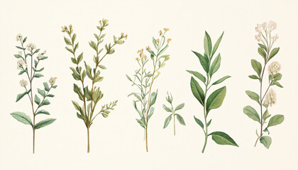 Fototapeta premium Hand-drawn vintage illustrations of different plant species, paired with soft, muted colors for a calming and artistic vibe