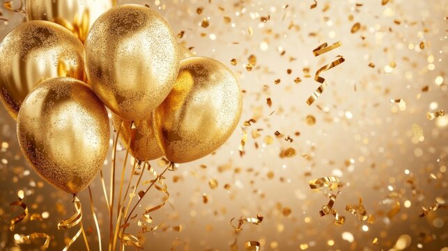 Elegant Celebration - 3D Golden Helium Balloons and Confetti with Minimalist Backdrop for Event Announcements