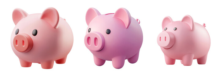Three Pink Piggy Banks isolated on transparent background.