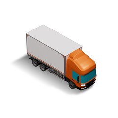 3D Isometric Cargo Truck Photoreal Vector Illustration Modern Orange Cabine and White Van Intercity Delivery Vehicle 6x4 Design for Logistics Transport Presentation Social Media Video Promo Frnt Right