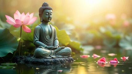 Buddha statue meditating near blooming lotus flowers in a serene pond, surrounded by soft natural light filtering through the trees