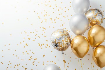 Gold and Silver Balloons with Lights on White Background, Festive and Elegant Celebration

