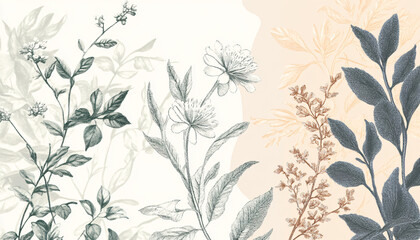 Fototapeta premium Hand-drawn vintage illustrations of different plant species, paired with soft, muted colors for a calming and artistic vibe