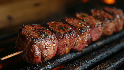 Juicy grilled beef steak skewers sizzling on flaming barbecue grill, mouthwatering charred exterior and tender meat