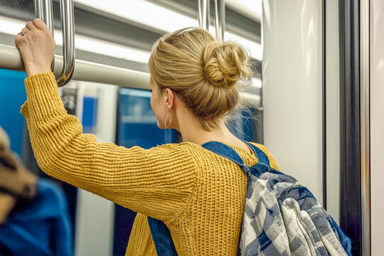 attractive woman in the metro, standing and holding hand on reling in the metro, she wears a city bagpack