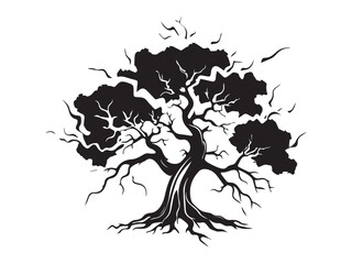 Black silhouette of an ancient tree isolated on a white background. Concept of nature illustration, majestic tree, minimalist art, old growth tree. Print, icon, design element