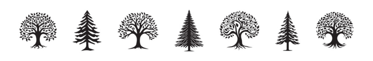 Set of black silhouettes of deciduous and coniferous trees in various styles isolated on a white background. Concept of nature, tree illustration, forest elements, and botanical design