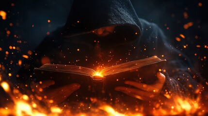 A mysterious figure reading a glowing book amidst swirling flames.