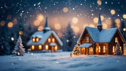 Naklejka premium Christmas background - snow landscape with sparkling lights