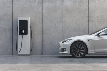 Electric Car Charging at Modern Station in Minimalist Setting, Electric vehicle connected to a sleek charging station against a concrete wall, representing clean energy and modern transportation 

