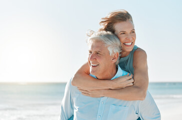 Love, hug and piggyback with old couple at beach for travel destination, summer and anniversary vacation. Relax, tropical and retirement with senior people for holiday, bonding and romance together