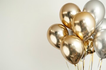 Gold and Silver Balloons with Lights on White Background, Festive and Elegant Celebration

