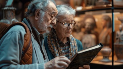 A photograph of an elderly couple visiting a historical museum, looking at ancient artifacts and learning about the past. Ultra detailed