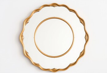 Circular mirror with a gold metal frame and a scalloped edge for