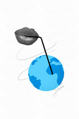 Vertical poster collage woman face fragment mouth lips caricature drink stick cocktail planet earth ocean water continents ecology care