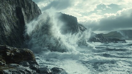 Fototapeta premium Majestic Power of Nature: Dramatic Tsunami Waves Crashing on Rocky Coastline