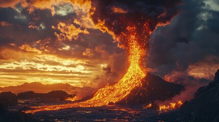 Fototapeta premium Majestic Volcanic Eruption at Sunset - Stunning Lava Flow and Ash Clouds in a Dramatic Display of Nature's Power