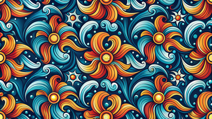 Fototapeta premium Vibrant floral patterns with swirling elements create dynamic and lively design. rich colors of orange, blue, and yellow evoke sense of energy and creativity