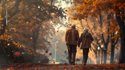 Fototapeta premium A photograph of an elderly couple walking along a tree-lined path in the fall, with colorful leaves falling around them. Ultra detailed