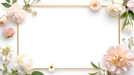 A minimalistic gold rectangular frame with soft pastel flowers like peonies, daisies, and lilies placed delicately along th