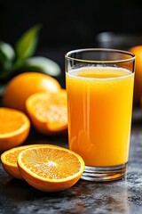 Orange juice and slices of orange on background .generative ai