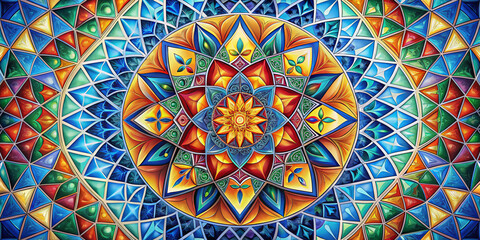 Fototapeta premium Vibrant geometric patterns create mesmerizing mandala design, showcasing intricate symmetry and rich color palette of blues, reds, and yellows. This artwork evokes sense of harmony and creativity