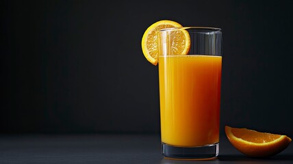 Orange juice in a glass isolated on dark grey background, Fresh orange juice image .generative ai