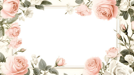 A vintage-style rectangular blank sign surrounded by soft pink and white roses, with delicate leaves and vines cascading ar
