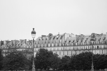 Paris. Classic Apartments Buildings in Haussmann Architecture Style. Monochrome Parisian Cityscape....