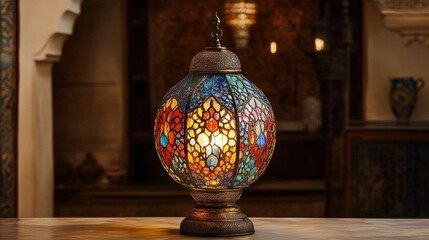 Luxurious colorful lamp with intricate design, made from premium materials like brass and glass, showcasing an opulent and elegant aesthetic.