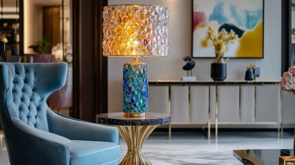 Luxurious designer lamp featuring colorful crystal accents, gold base, and a unique shape, perfect for a high-class, opulent setting.