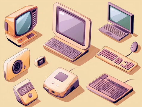 Retro computer and technology icon set in warm tones