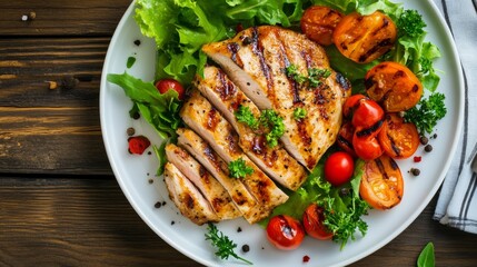 A plate of grilled chicken and tomatoes with parsley