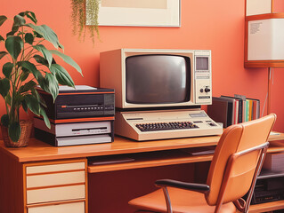 Classic computer setup in a vibrant home office with retro design