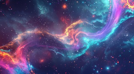Vibrant neon curves of light arching gracefully in space, surrounded by distant galaxies and glowing cosmic dust