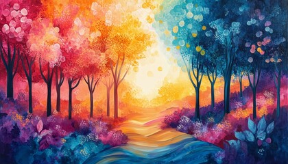 Fantasy forest scene, vibrant acrylic illustration, enchanting flora, whimsical creatures, magical atmosphere, rich colors, captivating details