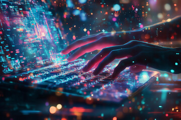 Hands Typing on Holographic Keyboard in Futuristic Tech Lab